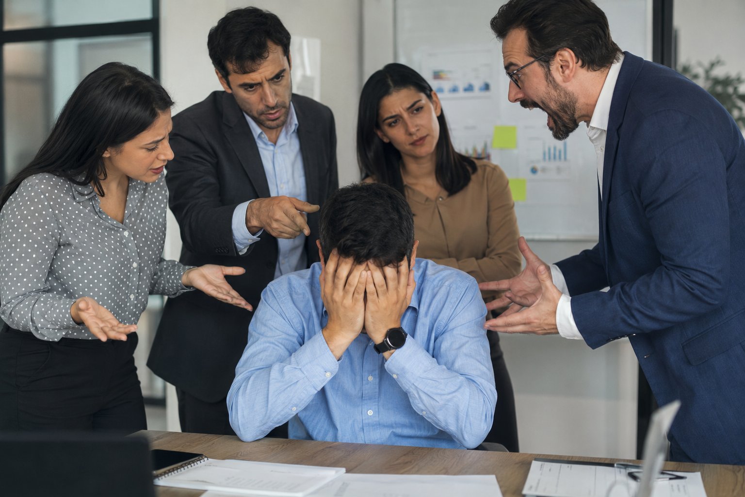 Trabalhadora em ambiente corporativo de tensão — assédio moral e dano moral no trabalho